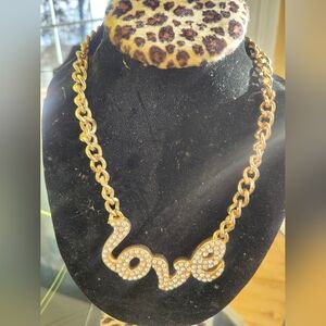Cubic Zircona Gold Jeweled  Statement "LOVE" Necklace